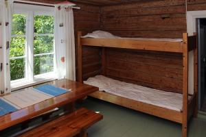 萨洛Vuohensaari Camping Ahtela's cottage的客房设有两张双层床和一张桌子。