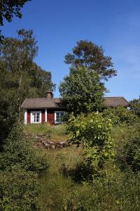 萨洛Vuohensaari Camping Ahtela's cottage的一座红房子,位于一座树木繁茂的山顶上