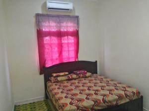 哥打巴鲁Z&R民宿的一间卧室配有一张带粉红色窗帘的床