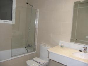 内尔哈西班牙广场公寓酒店的浴室配有卫生间、淋浴和盥洗盆。
