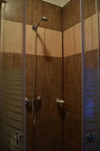 康斯坦察罗伯托别墅酒店的浴室铺有棕色瓷砖,设有淋浴。