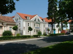 新格拉迪什卡Hotel Kralj Tomislav的一条街道上白色的大建筑,有红色的屋顶
