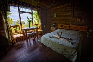 Tres de Junio帕拉伊索格查尔酒店的一间卧室配有一张床、一张桌子和一个窗户。