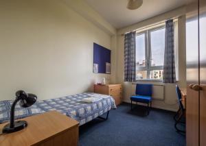 伦敦伦敦政治经济学院滨河居酒店的配有一张床、一张书桌和一扇窗户的酒店客房