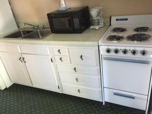 大洋城海鹰汽车旅馆的厨房配有微波炉、炉灶和水槽。