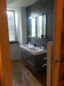 Saint-BasileLa Maison Des Badons的一间带水槽和镜子的浴室