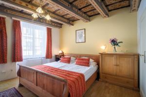 布拉格红狮大酒店的一间卧室设有一张床和一个大窗户