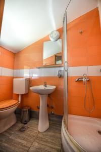 贝尔格莱德圣艺术漂浮公寓旅馆的一间带水槽、卫生间和淋浴的浴室