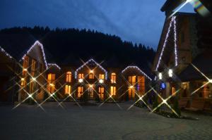 米库利钦Sribni Rosy的夜晚装饰着圣诞灯的房子
