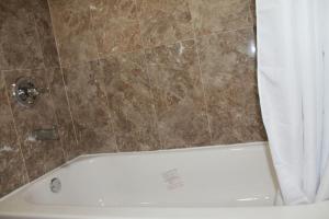 帕里斯美利坚套房酒店的浴室配有白色的淋浴帘和浴缸。