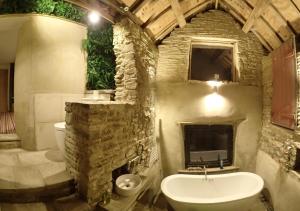 科尔福德The Lodge Rooms的石质浴室设有水槽和壁炉
