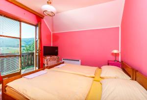兹拉蒂博尔维拉乔基奇旅馆的配有两张床的带粉红色墙壁的客房