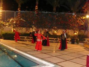赫尔格达海之园酒店的一群人晚上在泳池附近跳舞