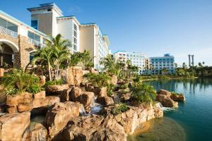 奥兰多洛伊斯蓝宝石瀑布度假酒店的拥有河流、岩石和棕榈树的度假胜地