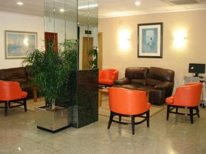 哈维亚诺兰约别墅酒店的一间设有皮革家具和盆栽植物的等候室