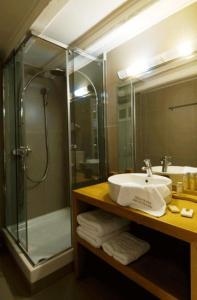 蒂米萨那Guesthouse Theonimfi的一间带水槽和淋浴的浴室