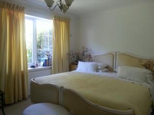 邦吉Folly Studio Bed and Breakfast的一间卧室配有一张带黄色窗帘的床和一扇窗户