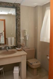 波尔托马林Pousada de Portomarín的一间带水槽、卫生间和镜子的浴室