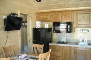 Harden Flat优胜美地湖区49号小屋度假酒店的厨房配有黑色冰箱和桌子