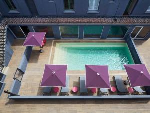 马赛马赛布兰卡迪基里亚德酒店 - 蒂莫的享有带紫色遮阳伞的游泳池的顶部景致