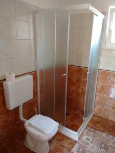 鲁巴达Apartments Vukas的一间带卫生间和玻璃淋浴间的浴室