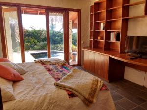 阿尔加罗沃Casa Algarrobo Chile的一间卧室设有一张配有电视的床和书架