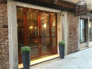 威尼斯高瑞兹酒店的前面有两株盆栽植物的商店