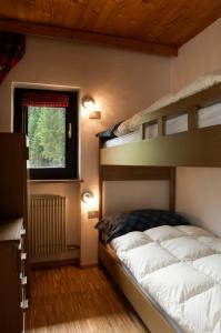 卡雷扎湖Casa al Lago di Carezza - Dolomiti的一间卧室设有两张双层床和一扇窗户。