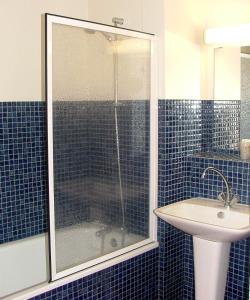 La Ferté-MacéAuberge d'Andaines的蓝色瓷砖浴室配有淋浴和盥洗盆