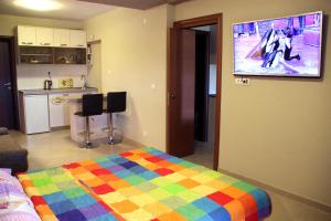 拉多维奇Apartments Camilla的一间卧室配有一张色彩缤纷的床和一间厨房