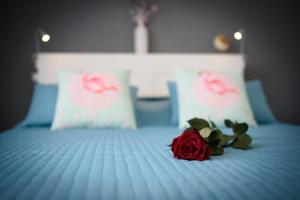 特罗吉尔Studio Tironi的床上坐着红玫瑰