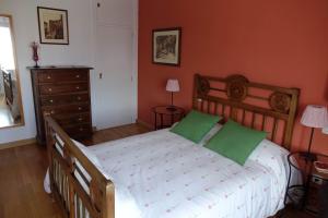 ZamarramalaCasa Rural del Sol的一间卧室配有一张带绿色枕头的大型木床。