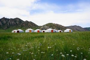 Nalayh我的蒙古环保蒙古包露营地的一片草场,有一群白色和红色的建筑