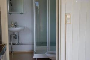 奥勒松沃尔斯达伦露营地的带淋浴、卫生间和盥洗盆的浴室
