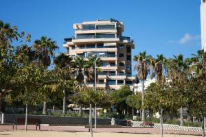 阿利坎特Canaima Alicante的一座高大的建筑,前面有棕榈树