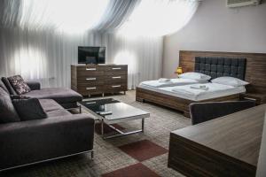萨拉热窝往事旅舍的一间卧室配有一张床、一张沙发和一台电视。