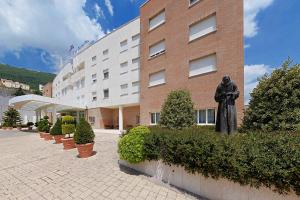 圣乔瓦尼·罗通多Hotel Centro di Spiritualità Padre Pio的站在建筑物前的一个人的雕像