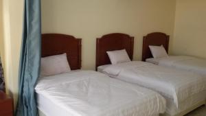 Ḩilf萨拉匹斯酒店的配有白色床单的客房内的两张床