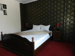 布加勒斯特Hotel Marinii的一间卧室配有一张黑色墙壁的床