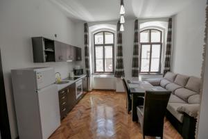布拉索夫Poarta Schei Residence的厨房以及带沙发和桌子的客厅。