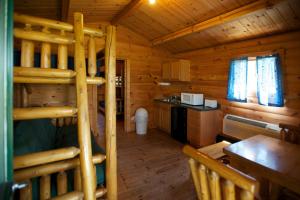 弗里蒙特Fremont RV Campground Cottage 28的小木屋设有双层床和厨房