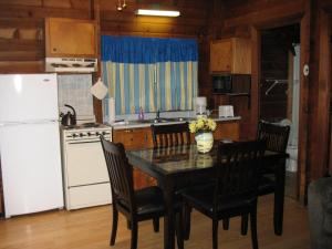 Freewood AcresForest Lake Camping Resort Lakefront Cabin 2的厨房配有桌椅和白色冰箱。