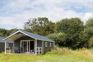 Sint MaartensvlotbrugStrand49 Glamping Sint Maartenszee的一个小房子,设有门廊和甲板