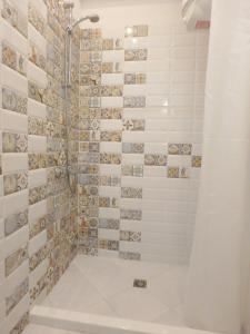尼亚普拉莫斯Holiday apartment Sombrero的一间带淋浴的浴室,配有瓷砖墙壁