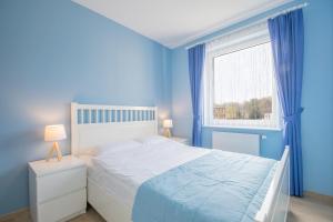 达洛科Apartamenty Bursztynowe Komnaty的蓝色的卧室设有床和窗户