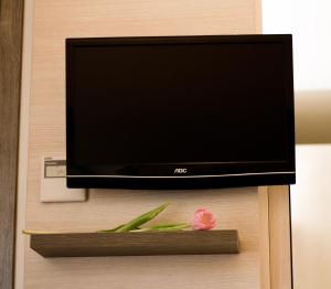 维罗纳西耶那酒店的墙上的电视,架子上有一朵花