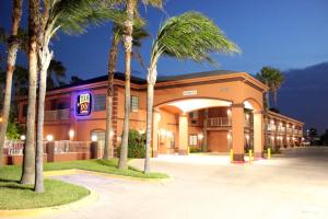 麦卡伦Texas Inn & Suites McAllen at La Plaza Mall and Airport的一座棕榈树建筑