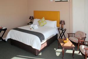 德班Durban Manor Guest House的一间卧室,配有一张带两个泰迪熊的床