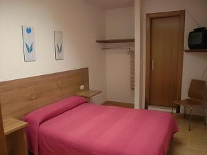 拉林Hostal Caracas的一间卧室配有一张带粉色毯子的床