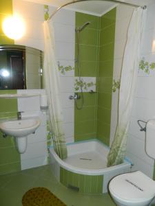 皮特什蒂Cora Centru Pitesti的带淋浴、卫生间和盥洗盆的浴室